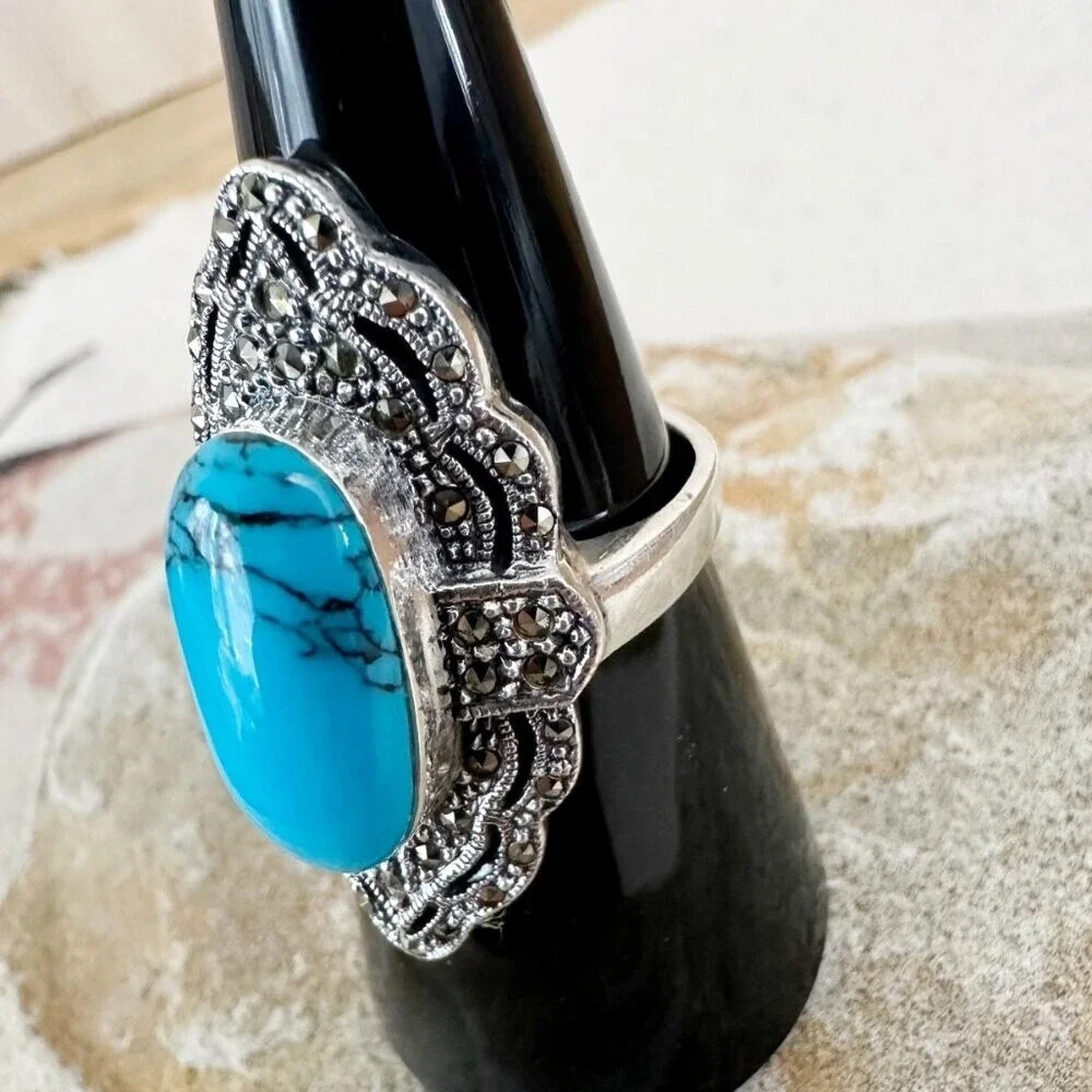 Sterling Silver Southwestern Marcasite Turquoise‎ Ring 7 NEW 925 Tall